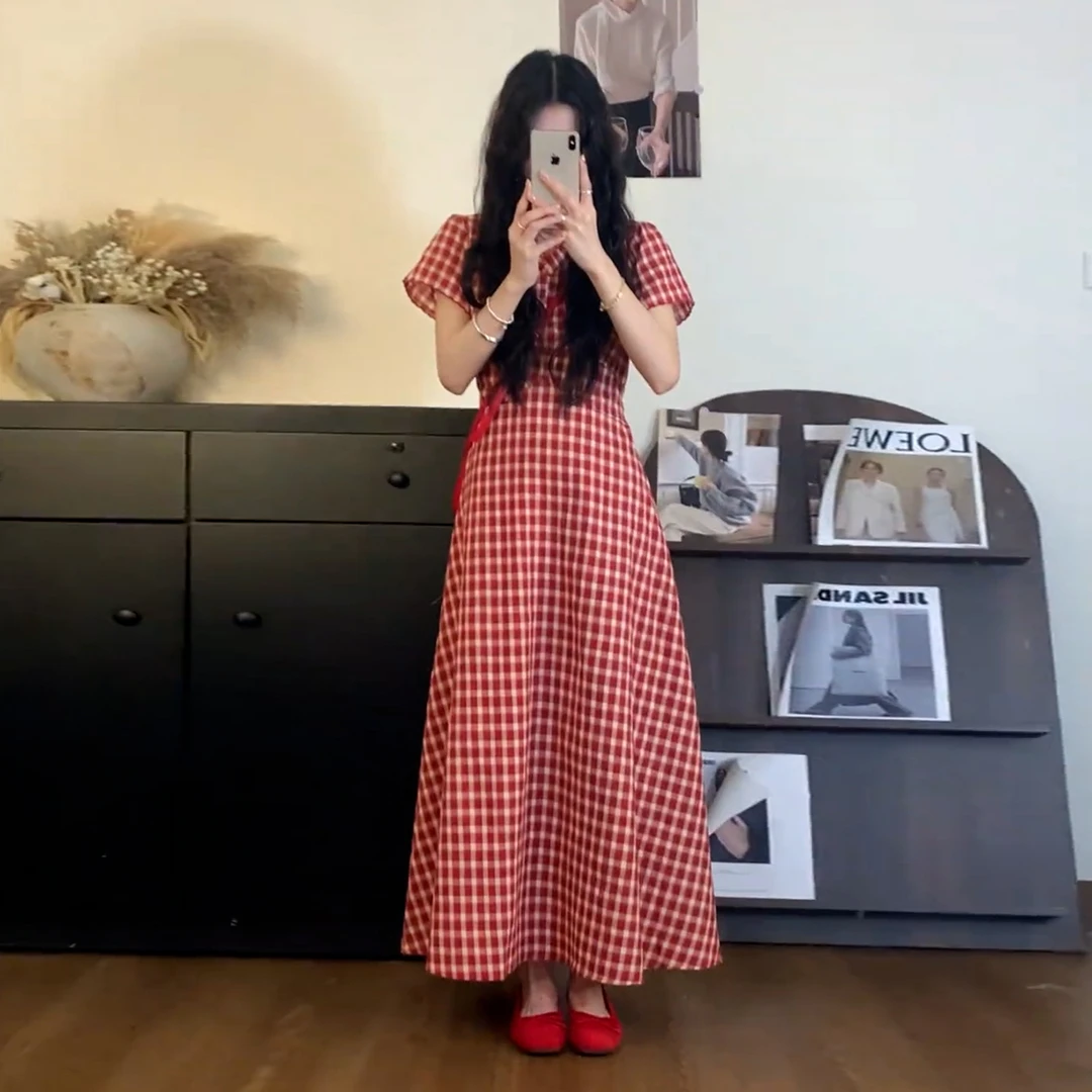 法式v领红色格子短袖连衣裙子女夏季2025新款巨好看掐腰气质长裙