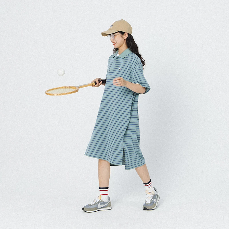 蓝岐夏季新款翻领条纹连衣裙学院风POLO领长裙女