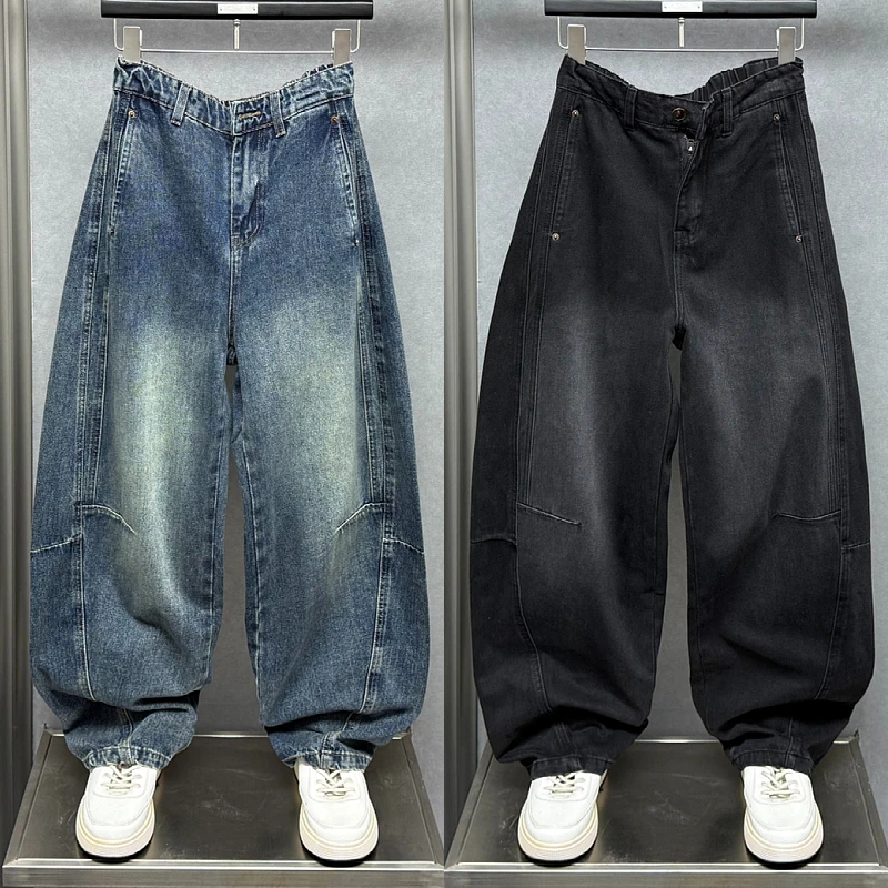 秋季美式水洗牛仔裤男士时尚休闲长裤男款潮牌宽松直筒阔腿弯刀裤