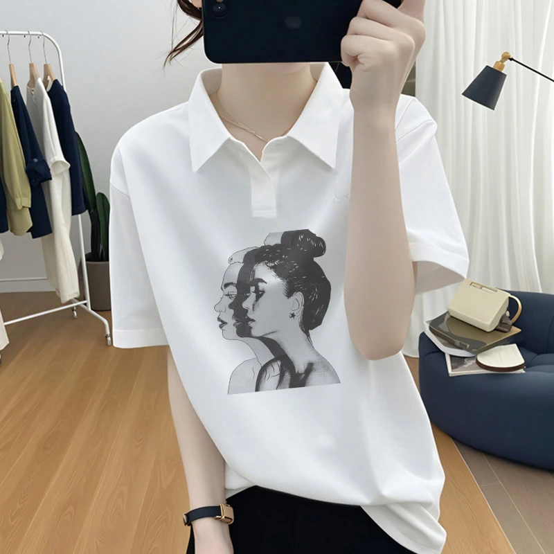 欧货纯棉白色V领短袖t恤女夏新款宽松显瘦polo领遮肉打底衫上衣