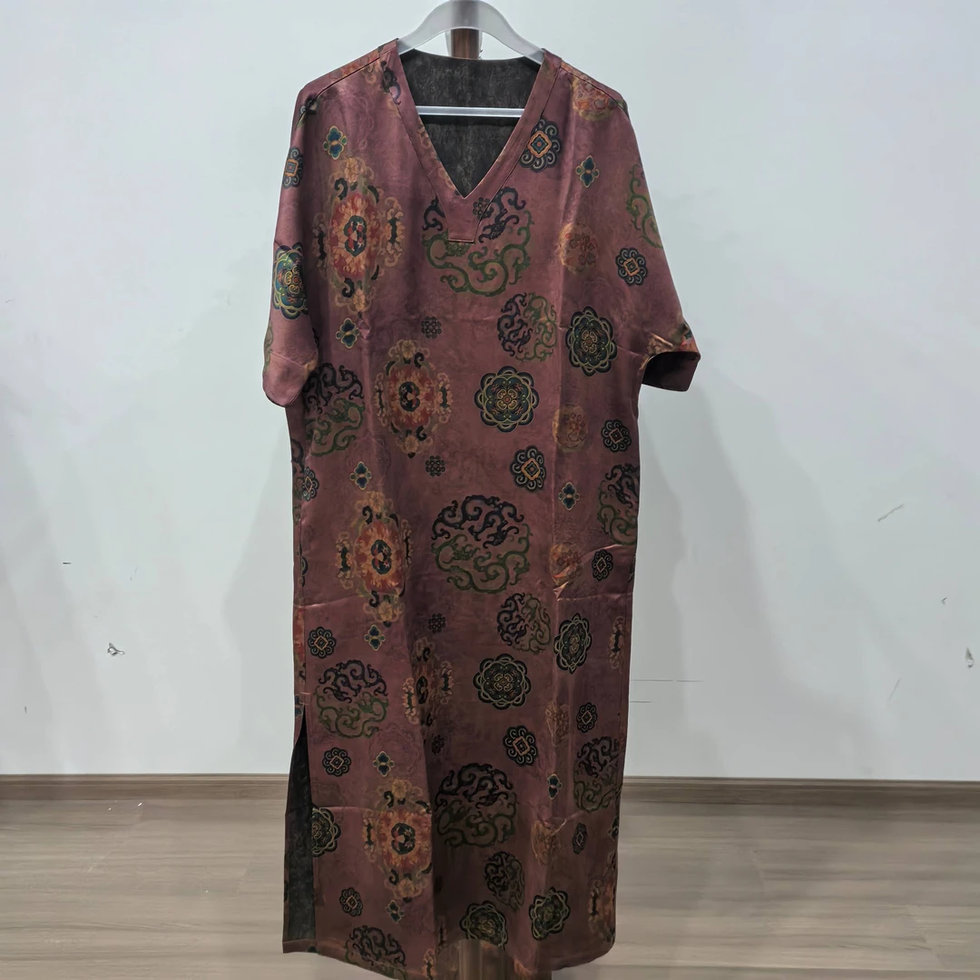 【QC575】香云纱长款百搭春夏提花新中式复古休闲连衣裙