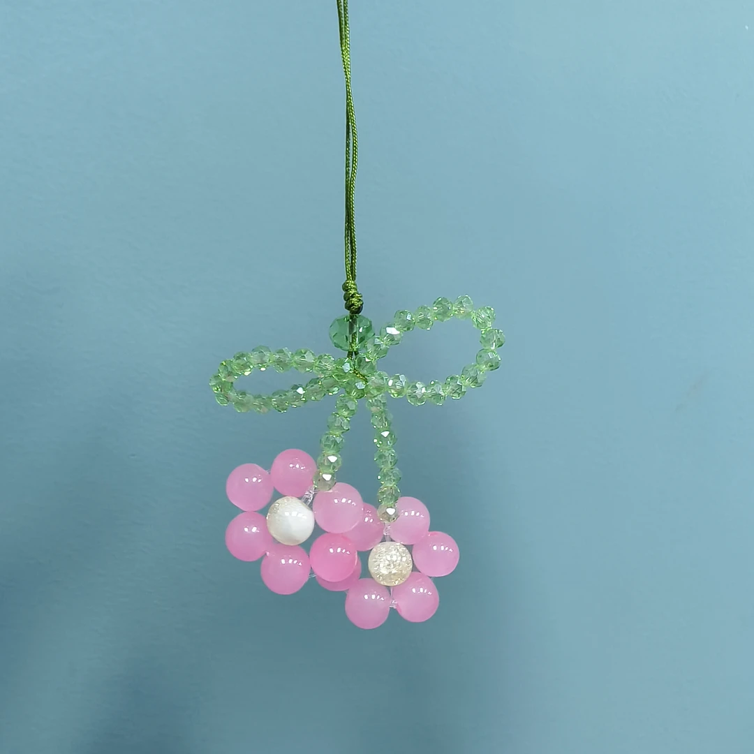 绳款编织桃粉一对小花手机坠E44