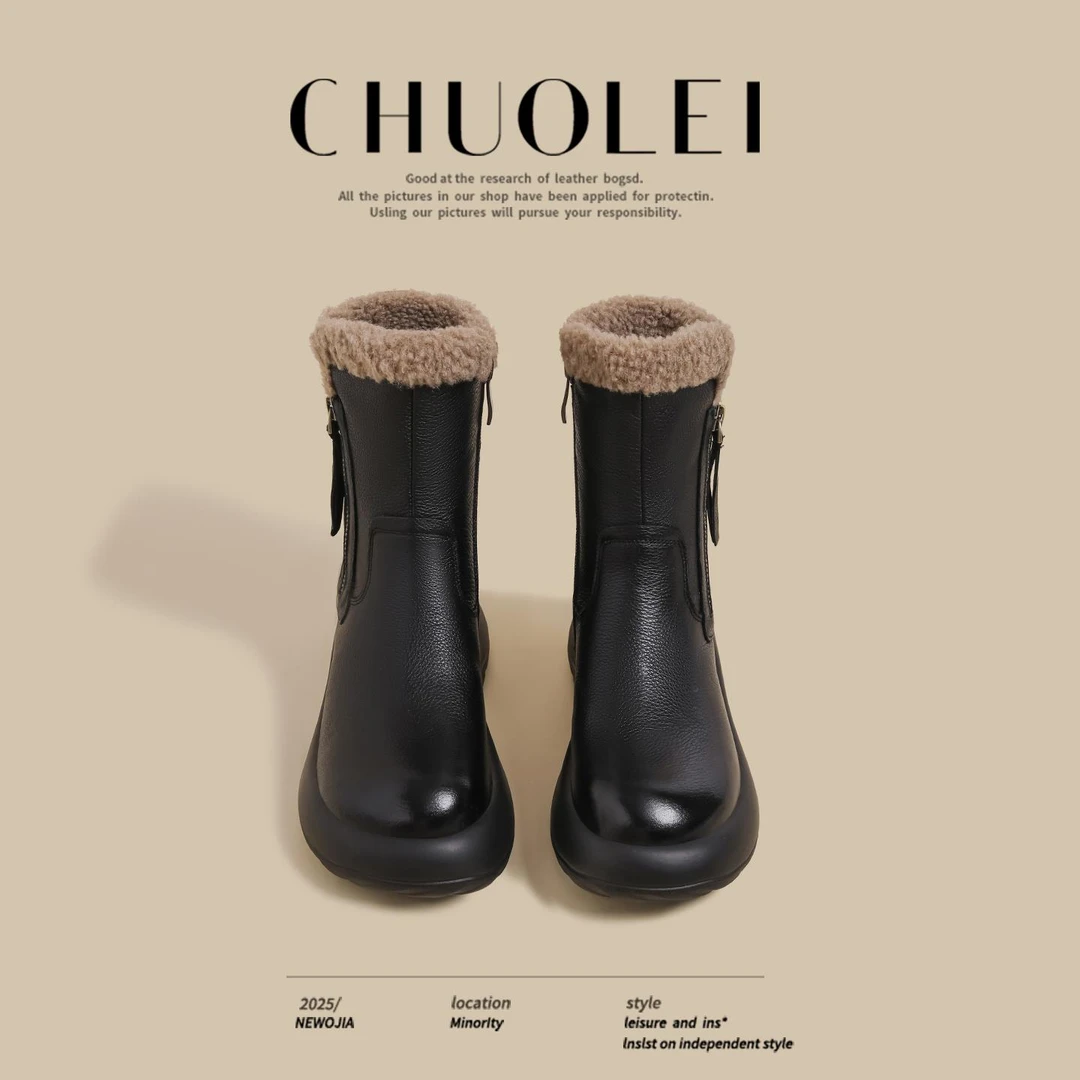 【CREW KNOW官方正品】2025冬季新款厚底雪地靴女黑色侧拉链加绒东