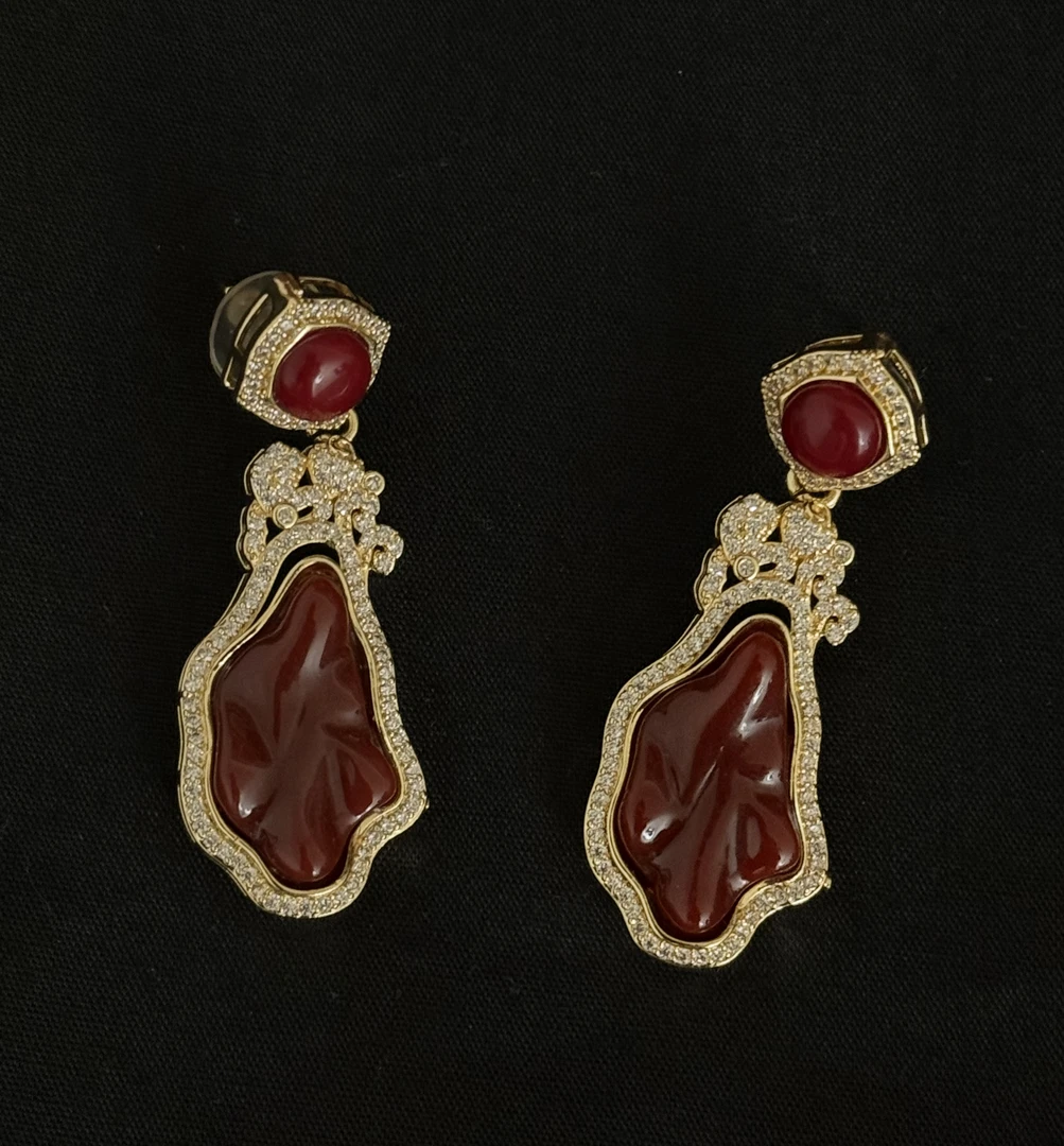 铜合金大理石耳饰 合金 赤色民族风耳环手工法式饰品轻奢小众耳饰