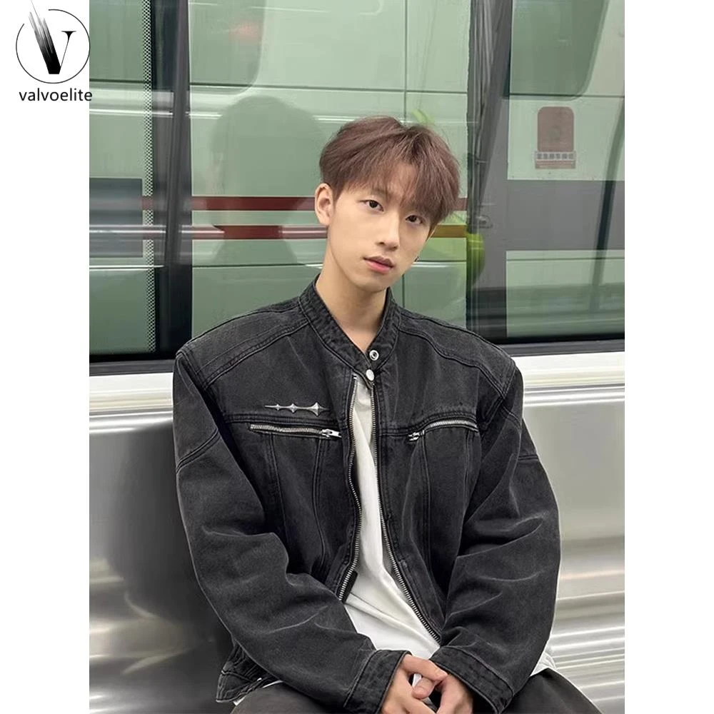 VALVOELITE水洗黑短款早秋垫肩牛仔外套男春秋美式潮牌立领牛仔夹