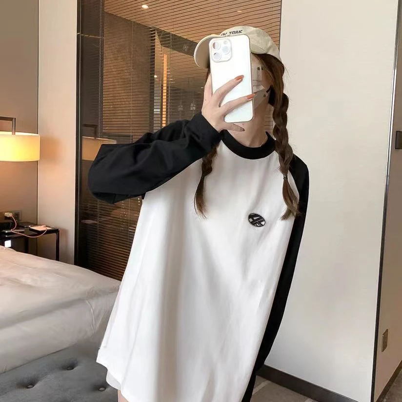 2003-ADER AJAR 春秋新款撞色拼接长袖宽松圆领T恤时尚打底衫男女