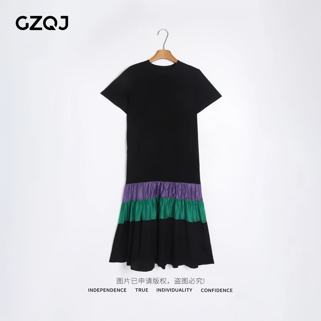 老琴私服【紫雾青峦】欧若风时尚短袖圆领裙摆撞色连衣裙女夏80069