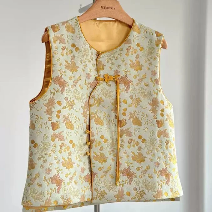 中式高端马甲新款宋锦金鱼织锦提花马夹