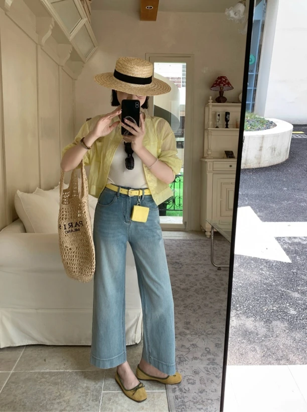 81056四面弹蓝色高腰阔腿牛仔裤复古显瘦百搭直筒裤