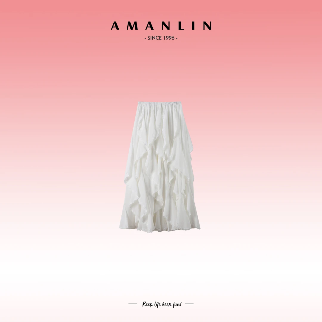 AMANLIN/阿谩琳夏季高级感欧若风百搭高腰小众白色半身裙Y595858