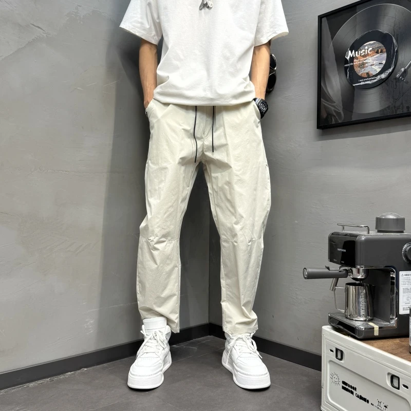 锥形直筒宽松纯色松紧腰抽绳休闲裤2025新款男士纯色抽绳直筒长裤
