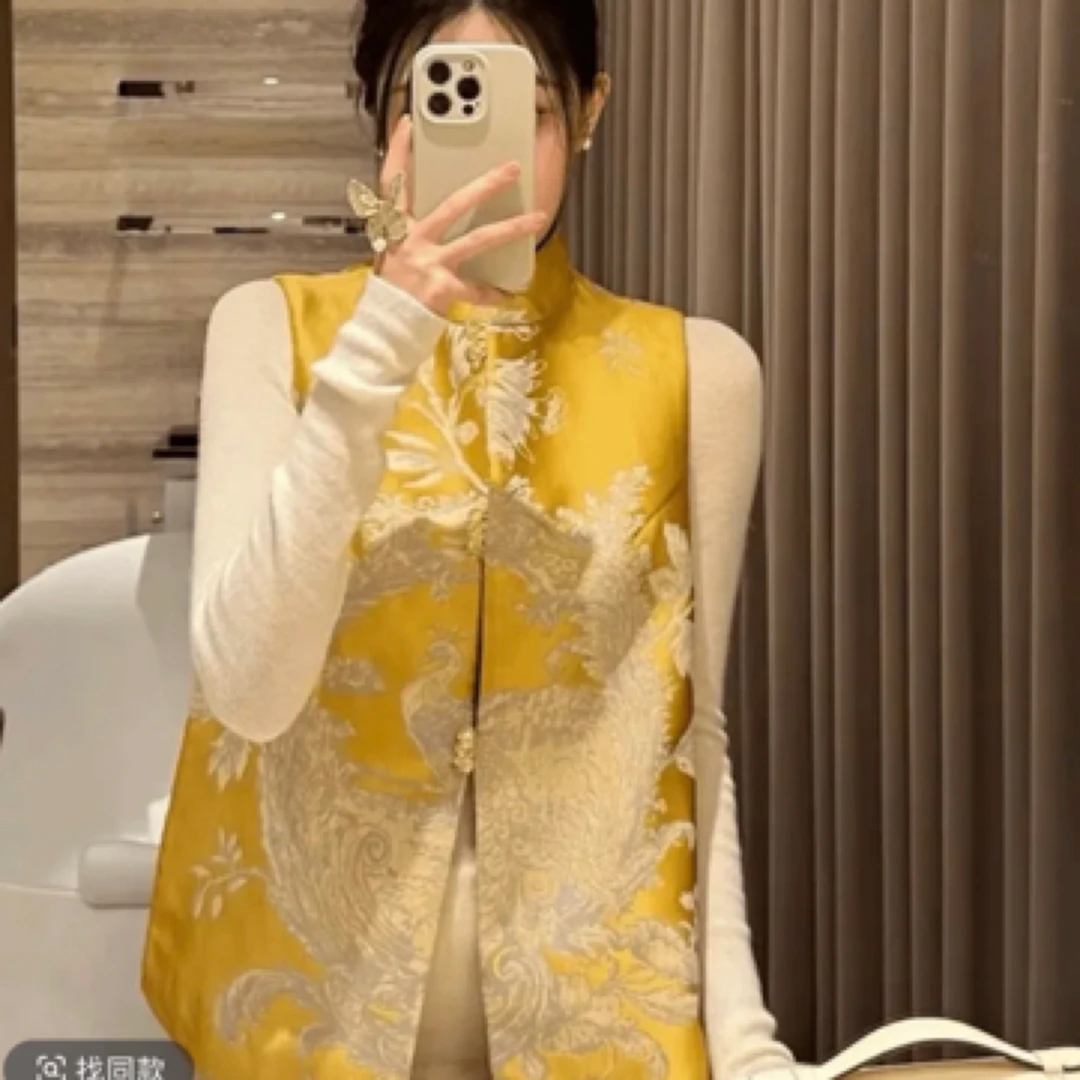 俏佳人马甲女复古中式黄色马夹女士提花马甲无袖ins