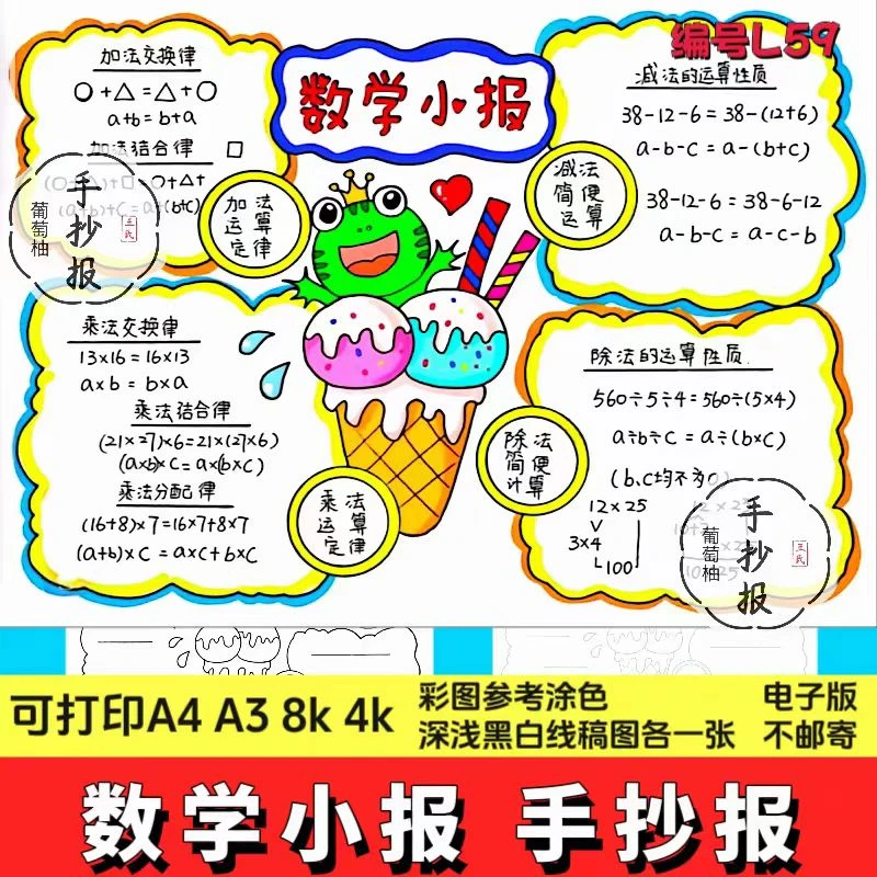 运算定律手抄报电子版模板人教小学数学四年级下第三单元