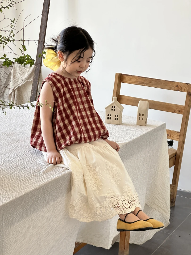 童套装22025莱抱抱夏季新款韩版女童宽松格子无袖娃娃衫+半身裙
