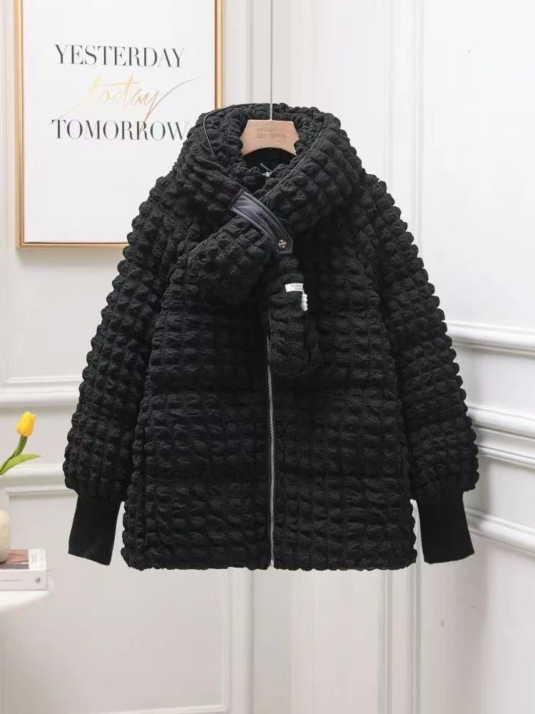 2024年冬季泡泡袖珍珠扣围脖新款短款韩版外套女潮