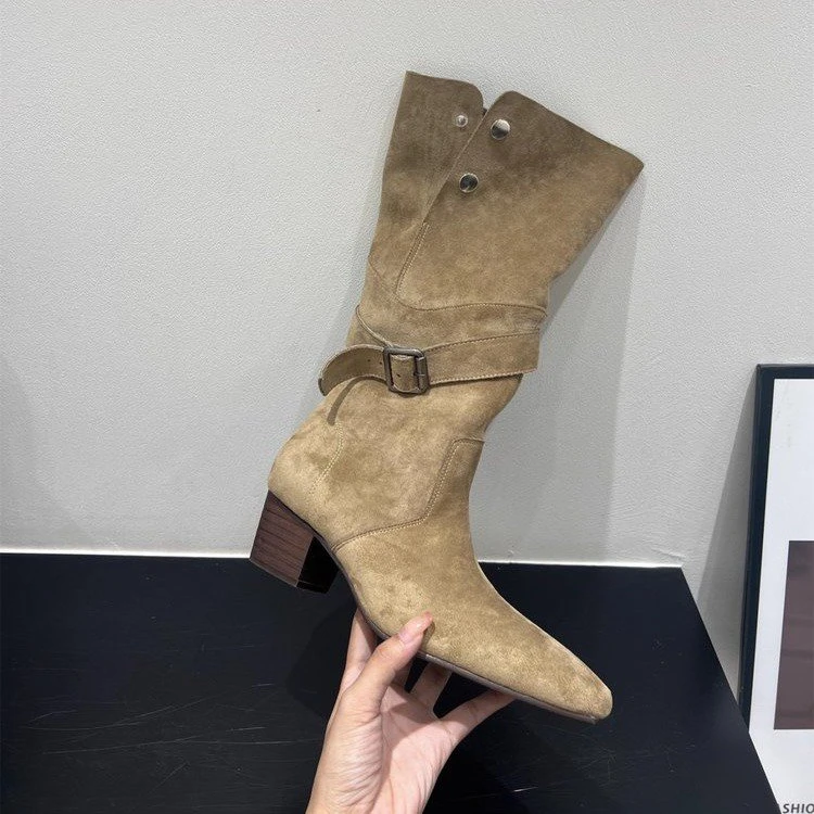 2025新款秋季靴子复古中筒堆堆靴西部牛仔靴尖头粗跟马丁靴女短靴