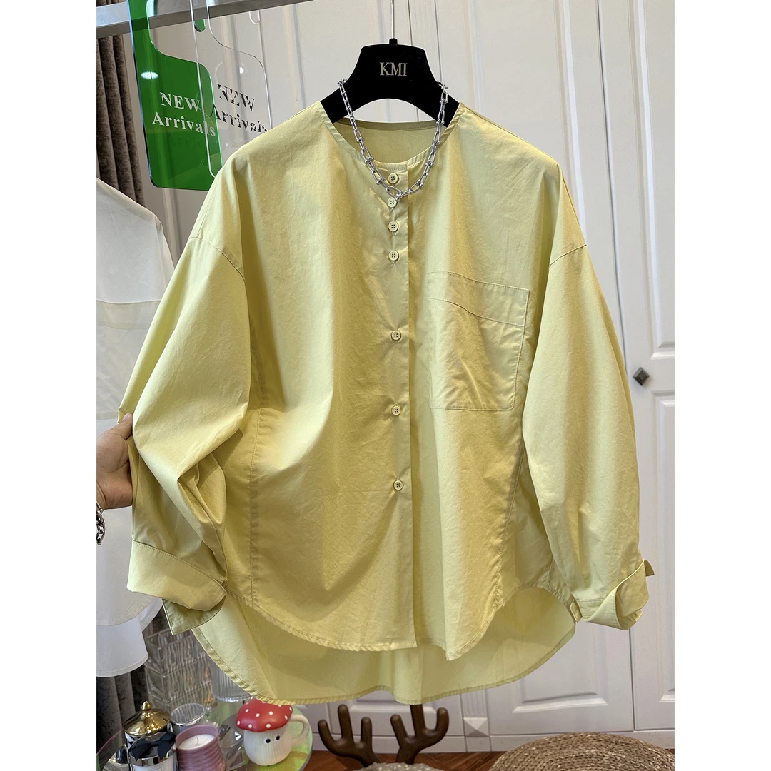 法式设计感圆领廓形柠檬黄衬衫女上衣宽松气质休闲春季款2025