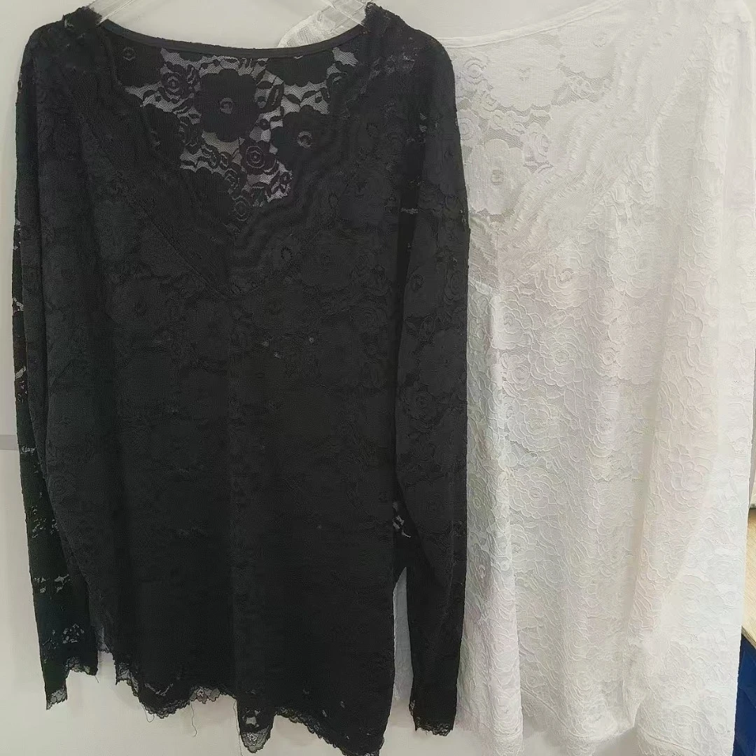 【Z】618/623240/135 蕾丝镂空V领打底衫女士长袖t恤宽松休闲