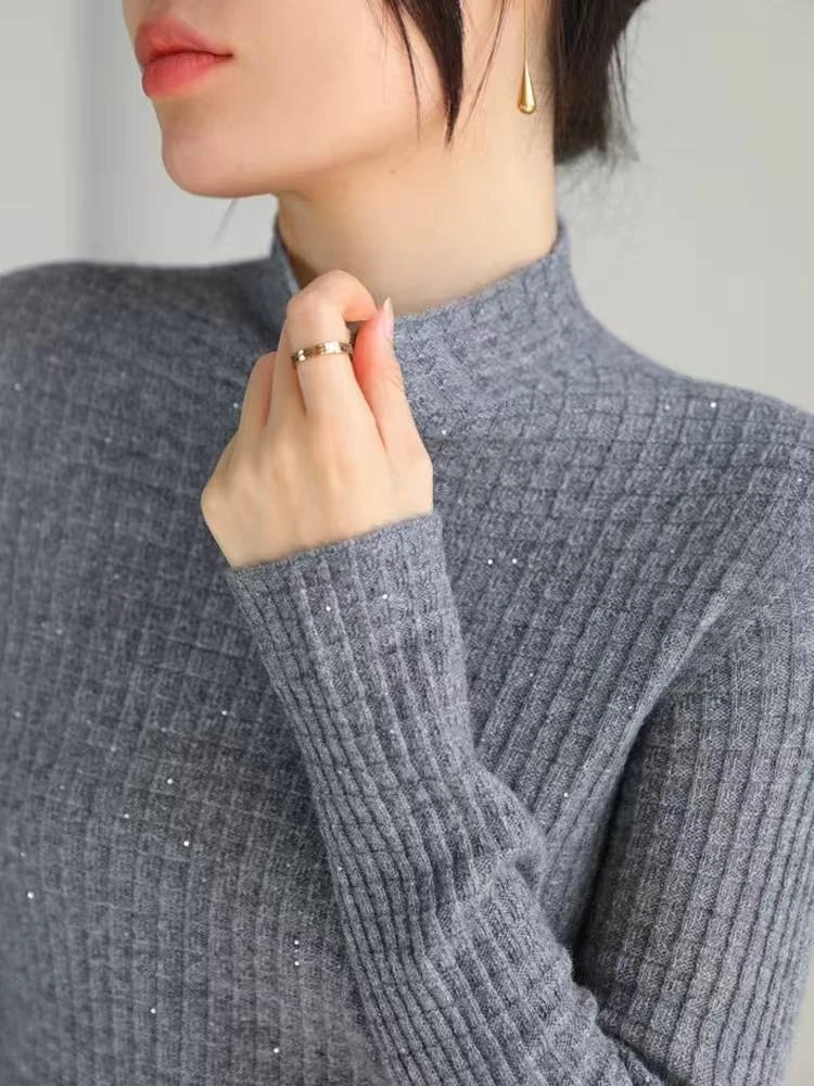 QianRH-9832冬季新款100%羊毛珠片无缝一体半高领针织衫打底