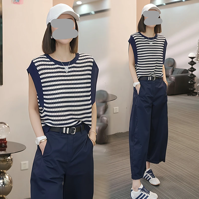 休闲通勤风套装女2025夏季新款洋气百搭显瘦无袖上衣阔腿裤两件套