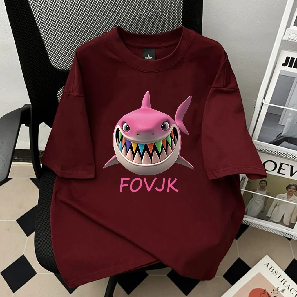 100%纯棉重磅美式短袖T恤男女夏季卡通鲨鱼印花潮牌宽松半袖上衣i