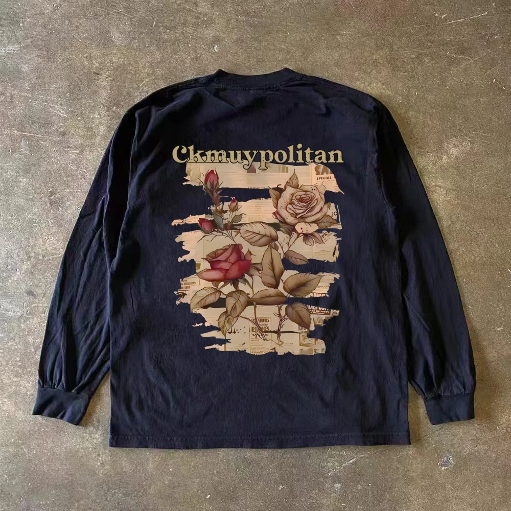 美式潮牌圆领长袖t恤男春秋季2025新款休闲重磅纯棉宽松高街上衣