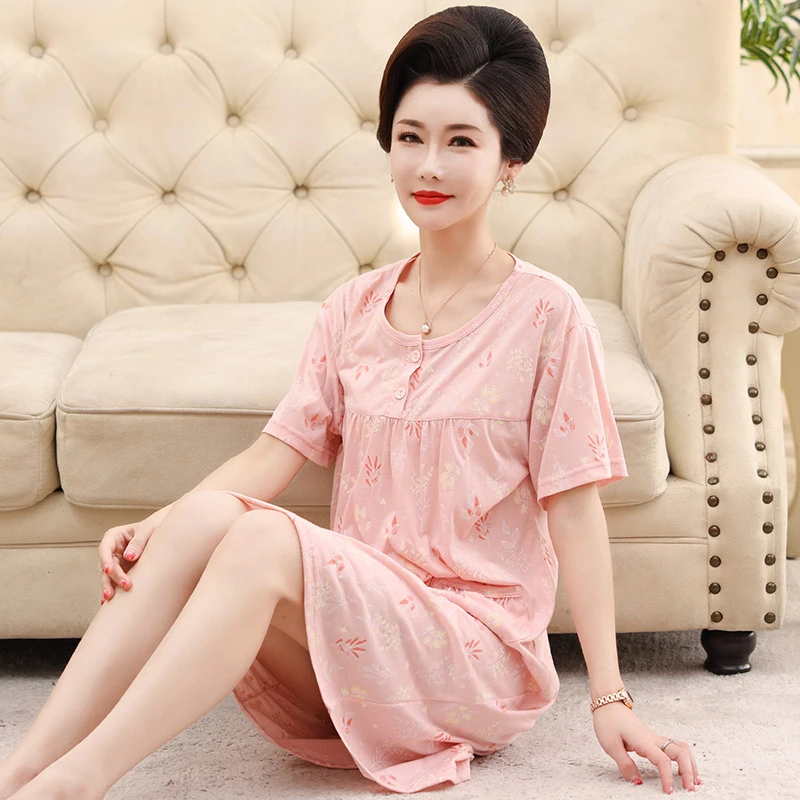 睡裙女士夏季中长款纯棉短袖中年妈妈款舒适睡衣大码中老年连衣裙