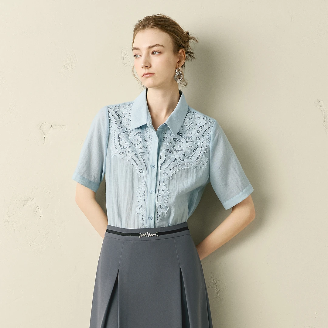 颜域镂空拼接衬衫2025夏季新款设计感显瘦通勤气质薄款70S251443