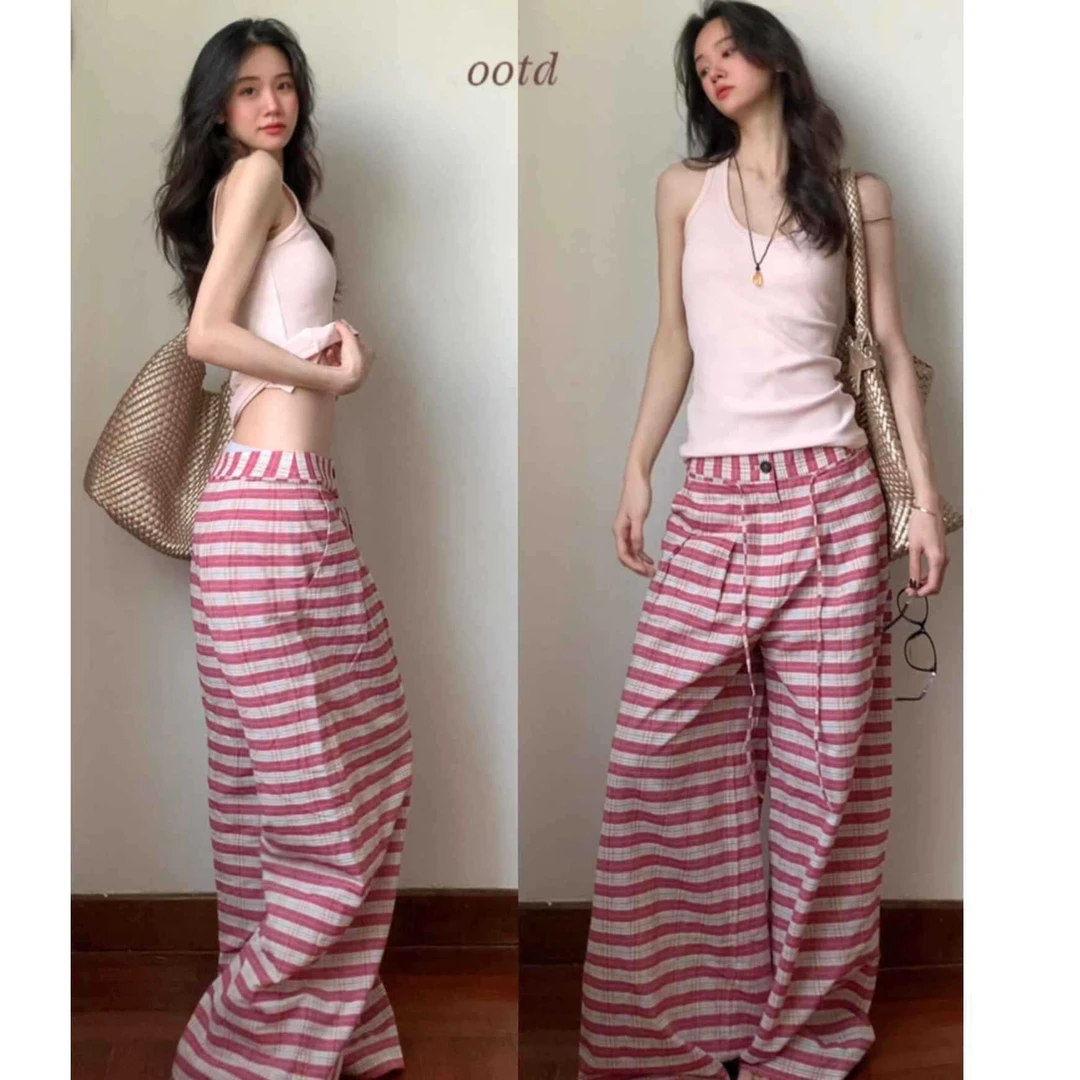 慵懒修身气质短袖上衣休闲百搭宽松粉色条纹阔腿裤套装夏季显瘦
