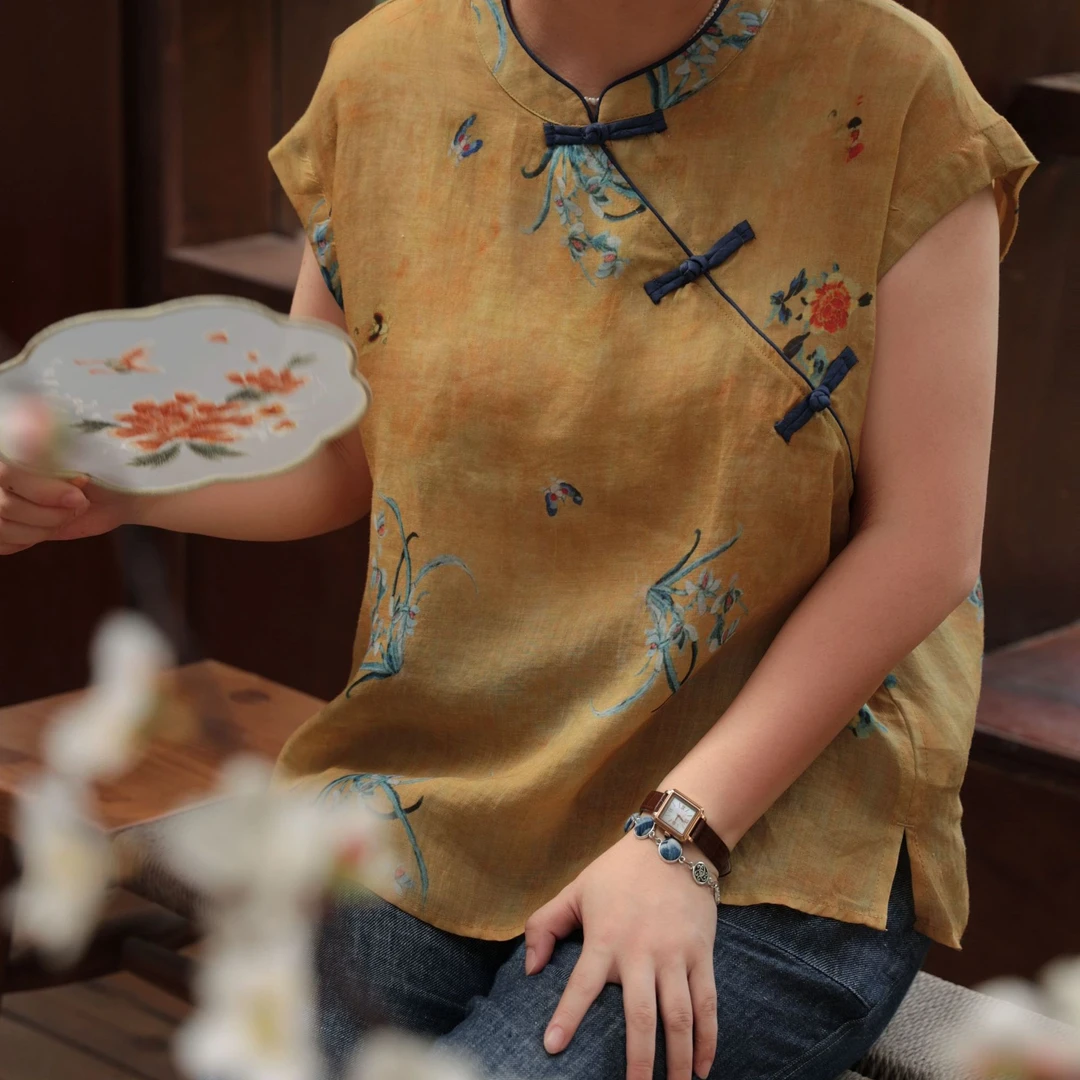 麻享【蝶梦金兰·盘扣小衫】莨麻兰花印花斜襟清凉上衣FSY50727