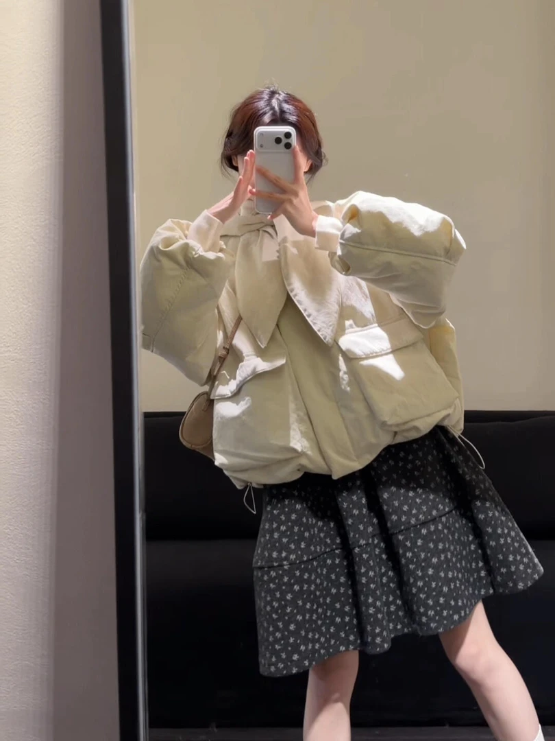 秋冬穿搭一整套韩系兔耳朵设计棉服外套搭配花苞小花半身裙两件套