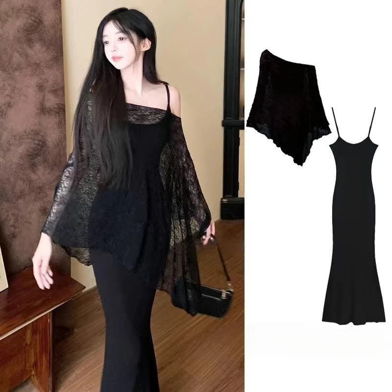甜辣风吊带连衣裙套装女春夏秋季披肩斗篷罩衫辣妹显瘦鱼尾裙