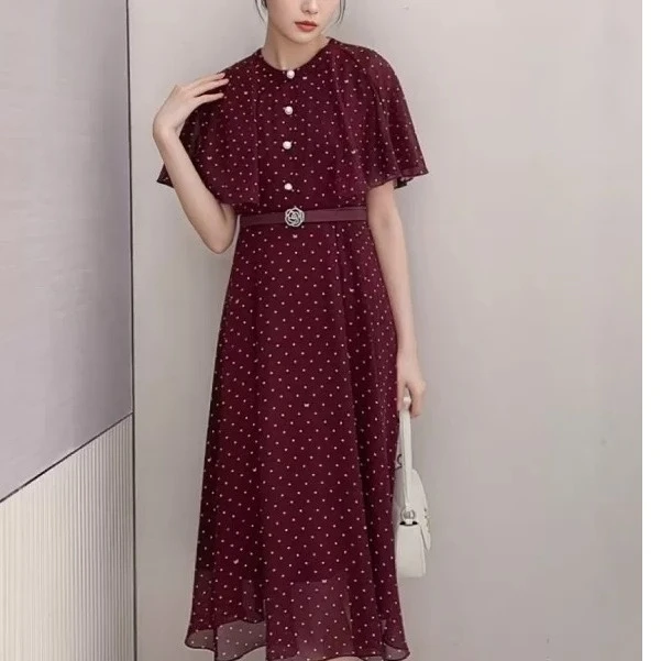 3967#2025夏季新款复古短袖波点中长款连衣裙