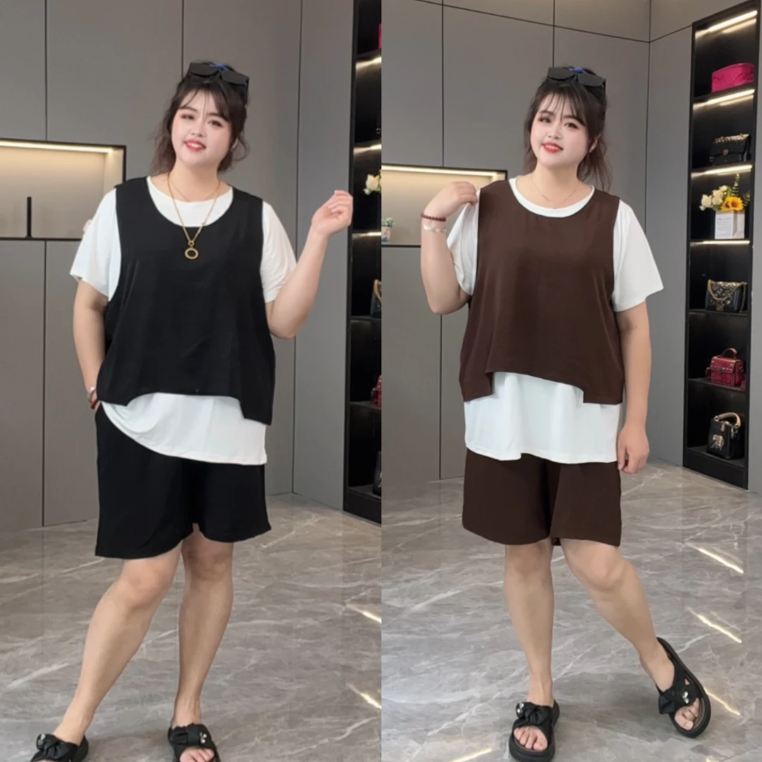 韩系慵懒风2887背心阔腿短裤休闲三件套（半袖+马甲+裤子）