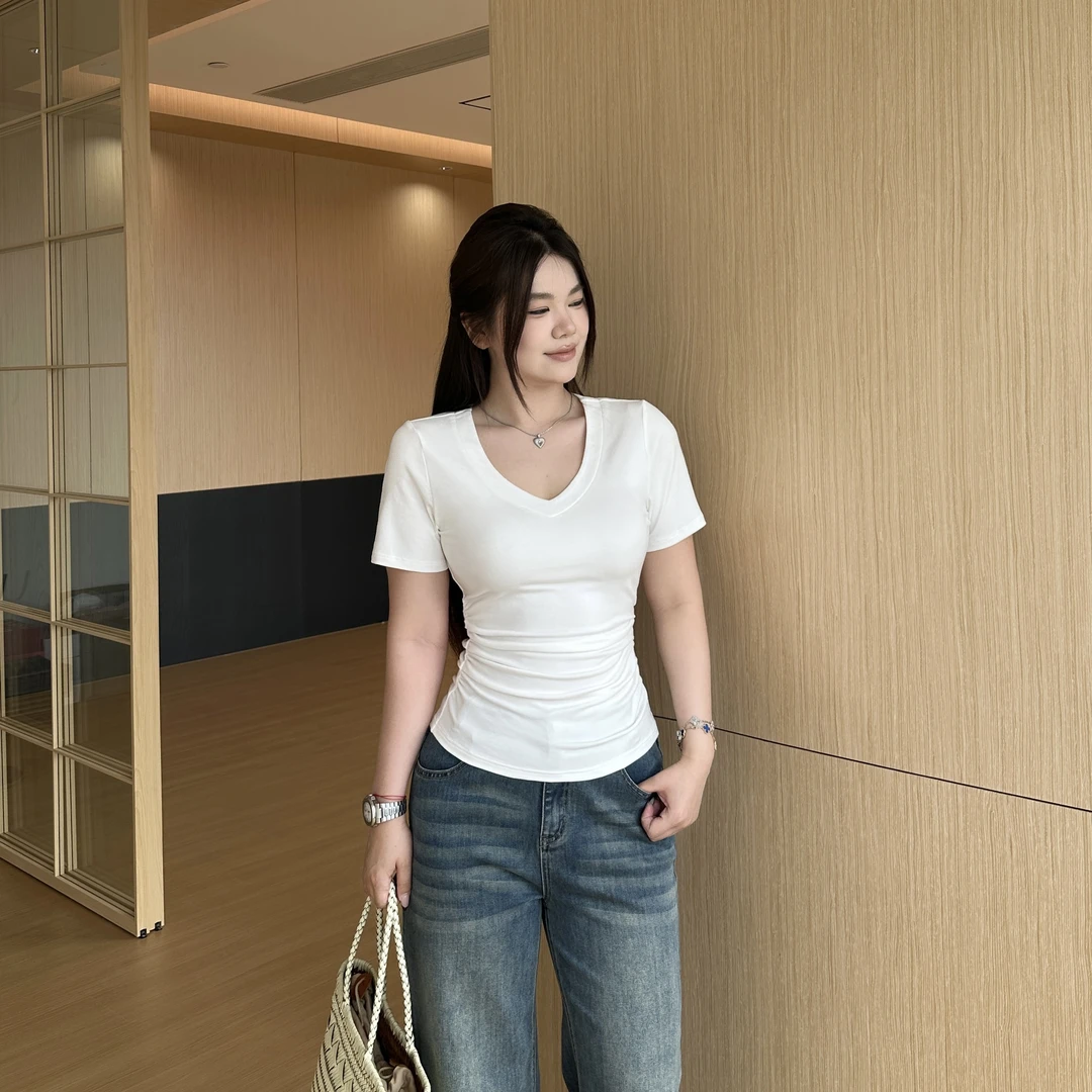 DarlingJust小野墩墩[窄腰T]V领正肩短t恤遮肚收腰褶皱基础款打底