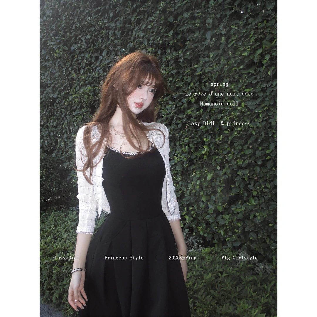 Lazy Didi洋房珍珠 大女主人生裙百褶长裙镶钻无袖气质吊带连衣裙