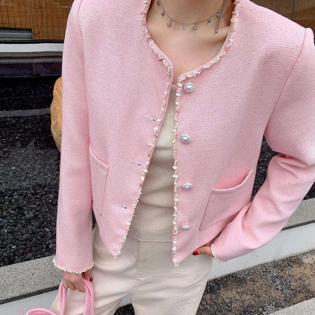 KIKI严选：81035-多米家欧洲站南油春夏圆领钉珠小香风外套气质