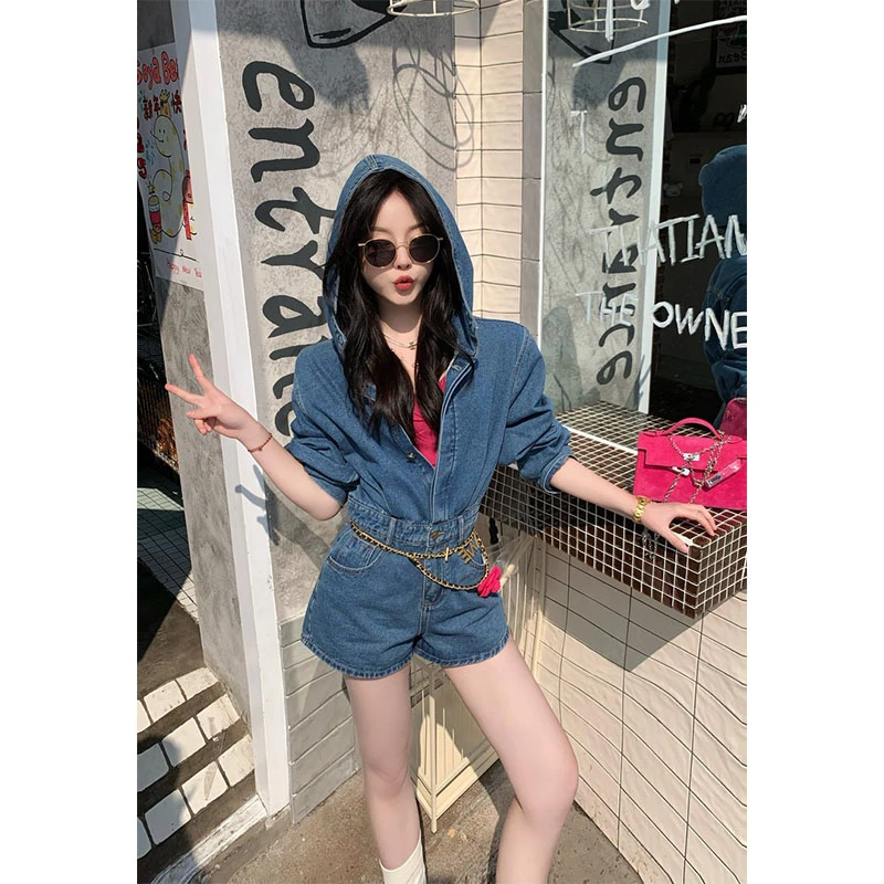 2025秋季新款港风复古连帽一体式连体裤收腰显瘦小众百搭休闲短裤