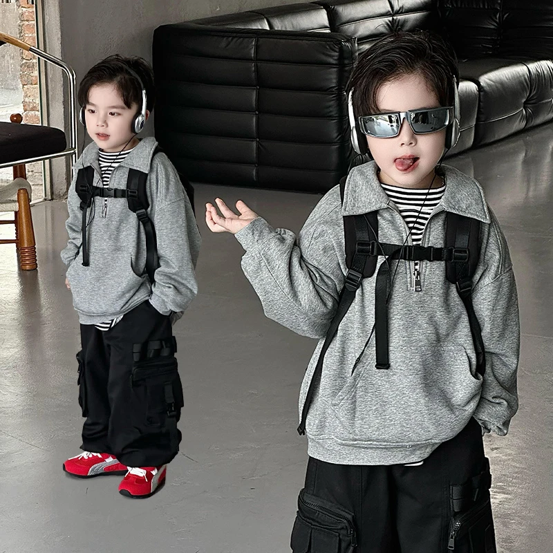 Jimmy妈童品【日常通勤】秋季新款儿童简约翻领拉链长袖灰色卫衣