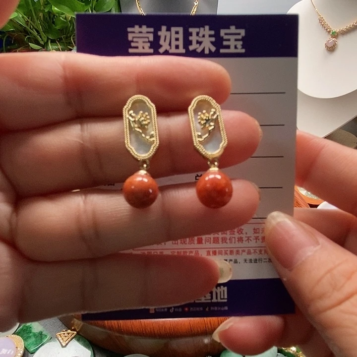合金翡翠耳饰红翡珠耳钉