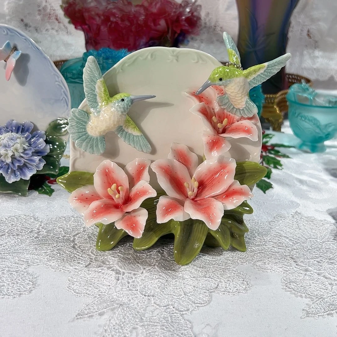 陶瓷0252百合花蜂鸟赏盘