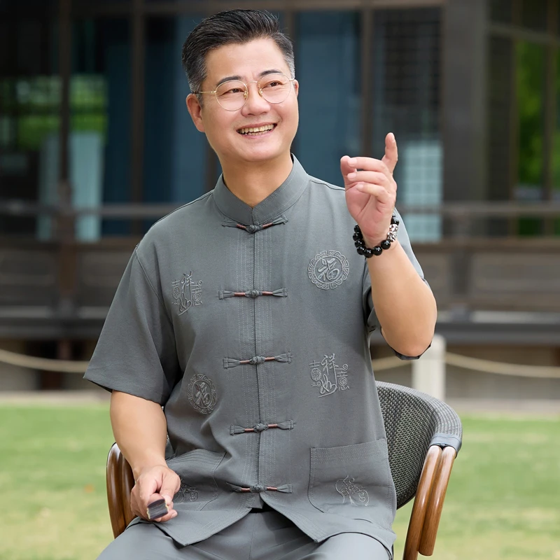 唐装男中老年爸爸夏装套装中国风爷爷夏季短袖老年人衣服男士70岁