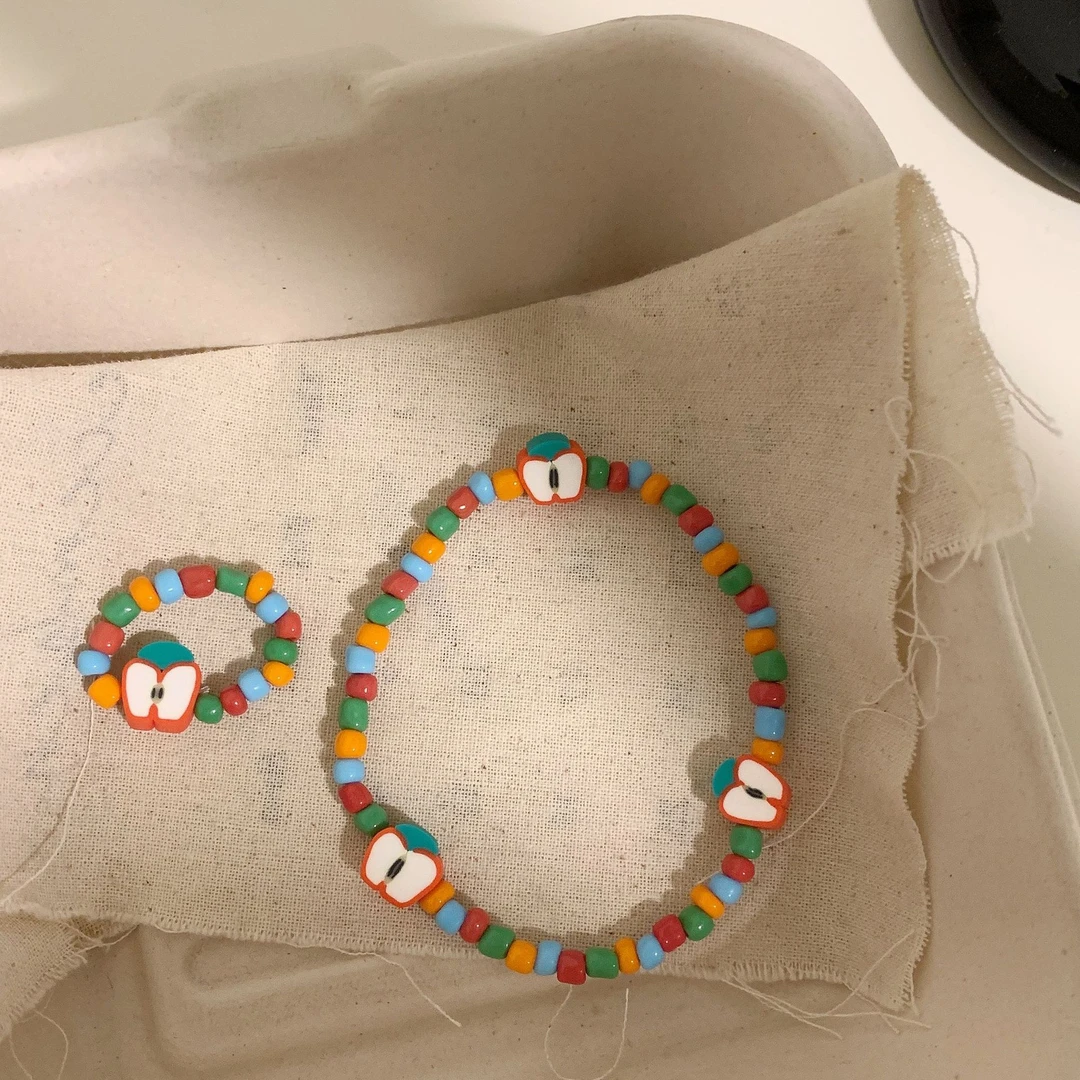 童趣可爱切片彩色串珠手链儿童手链串珠手串戒指女苹果串珠戒指