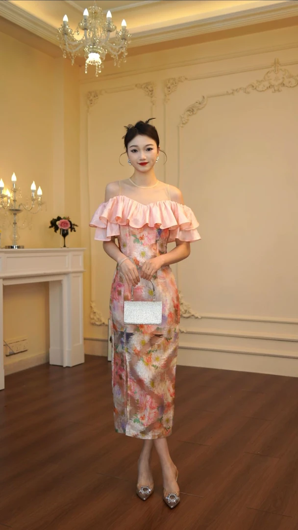 【设计师定制】气质法式碎花轻奢修身优雅高腰夏季连衣裙显瘦85023