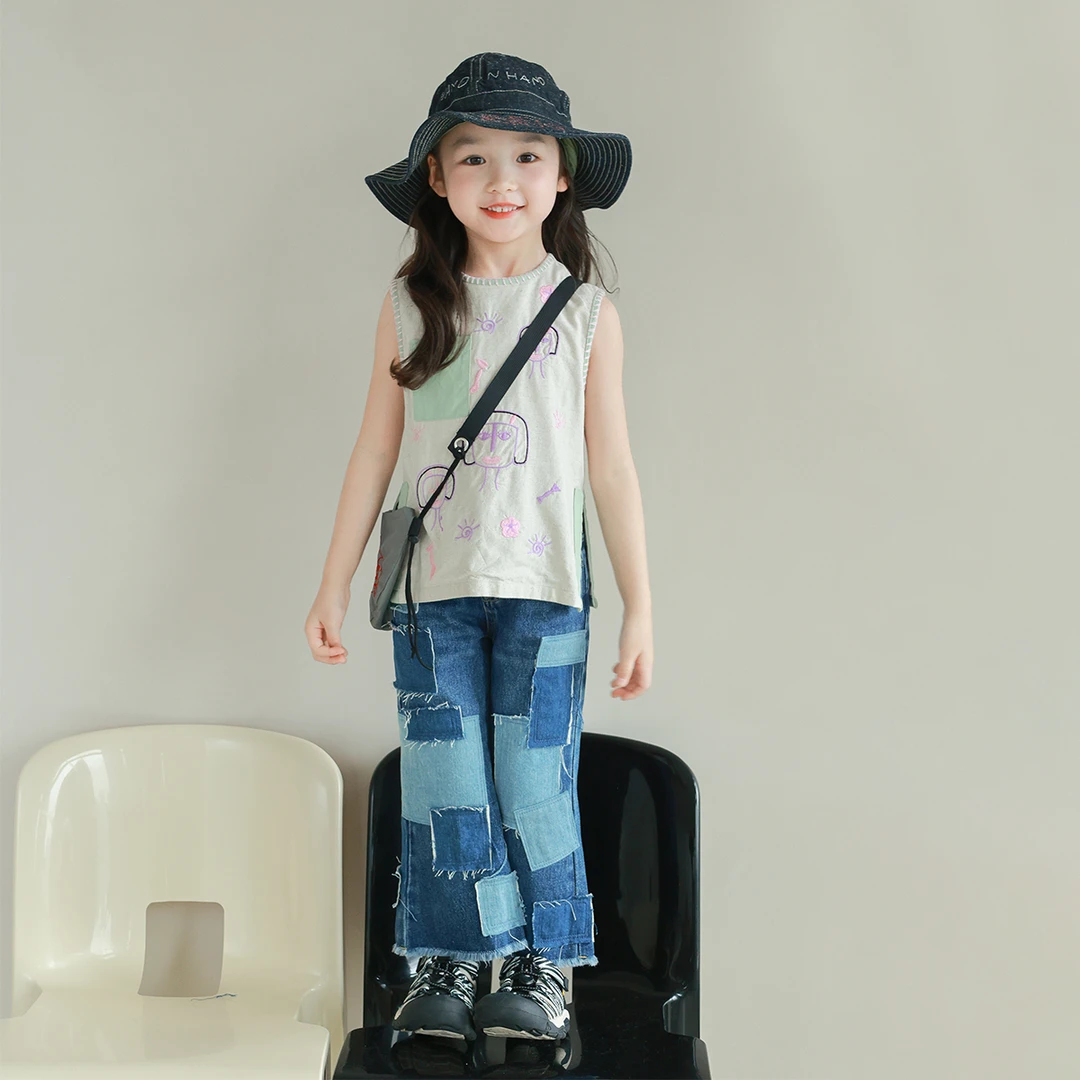 utouto大耳象女童拼布刺绣无袖小衫2024夏季新款女孩2403419