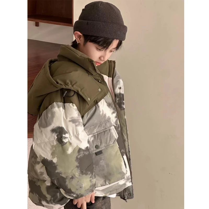 2024新款潮牌中大男童女童冬季外套迷彩拼接防寒服扎染痞帅双口袋