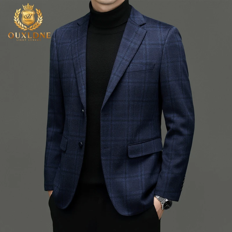OUXLDNE 高端羊毛呢格子西服男士秋冬新款商务休闲韩版西装外套潮