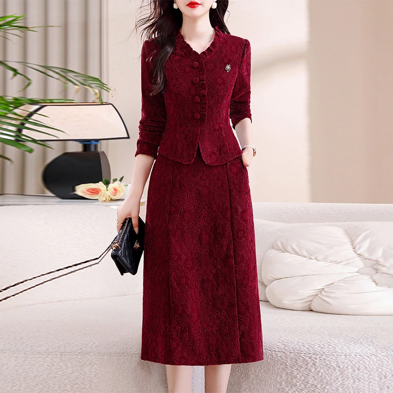 加绒加厚弹力口袋钻石喜庆长袖连衣裙酒红色高端高档阔阔太太女装
