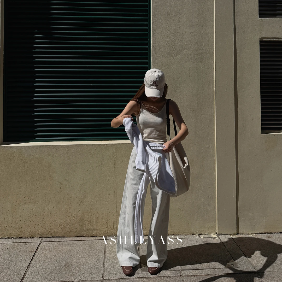 【ASHLEYASS】“灰白腰带裤”极简风斜口袋设计纯棉休闲裤LSK250891W