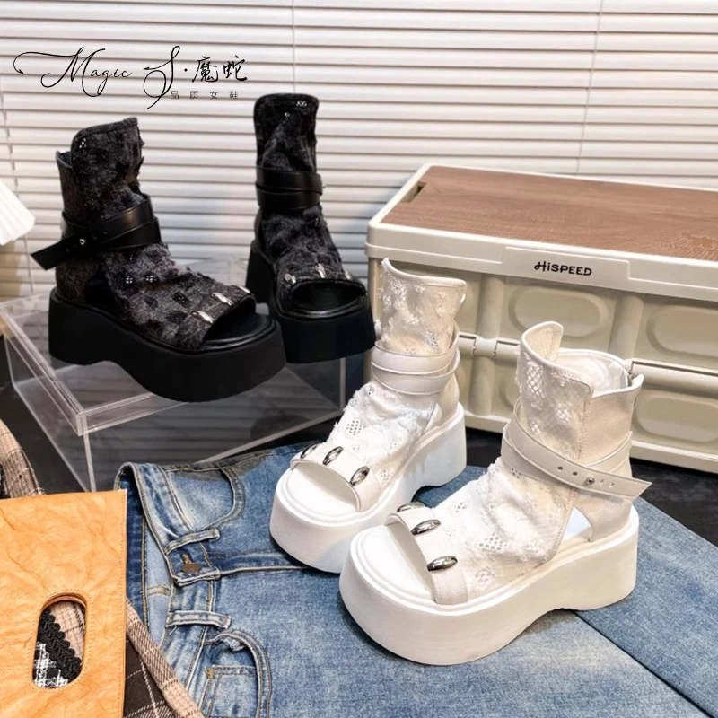 【万达撤柜】时尚靴子牛仔布破洞凉靴女2025夏季新款感铆钉厚底松糕